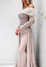 Spaghetti Straps Detachable Off-Shoulder Floor-Length Evening Gown with Beading