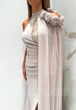 One Shoulder Side Slit Shoulder Flower Side Draping Trumpet Evening Gowns