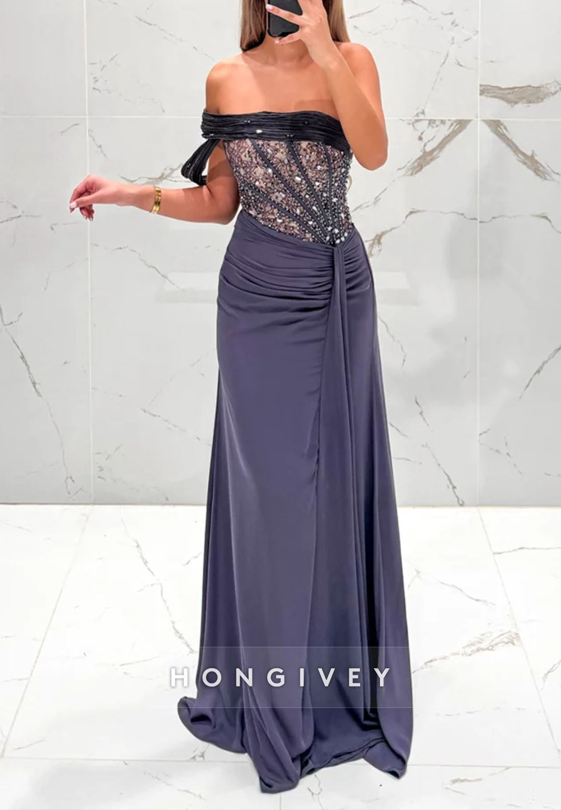 Off the Shoulder Navy Blue Floor-Length Side Draping Evening Gowns with Beading