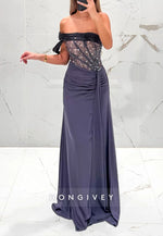 Off the Shoulder Navy Blue Floor-Length Side Draping Evening Gowns with Beading