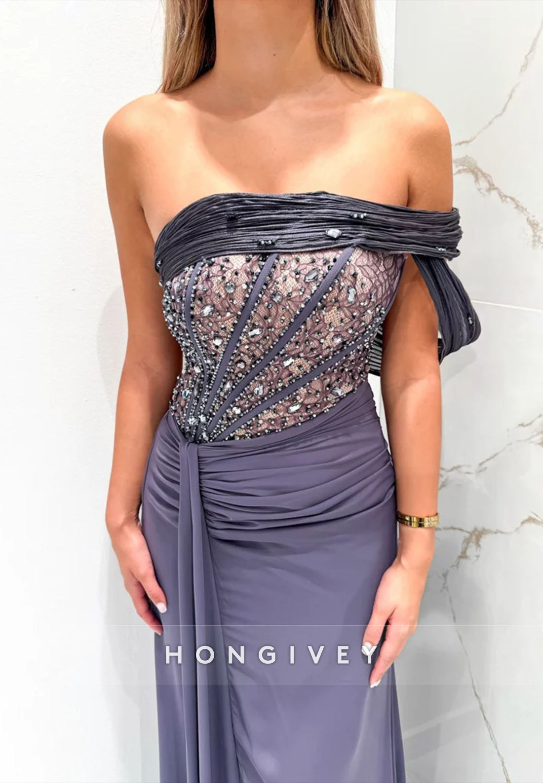 Off the Shoulder Navy Blue Floor-Length Side Draping Evening Gowns with Beading