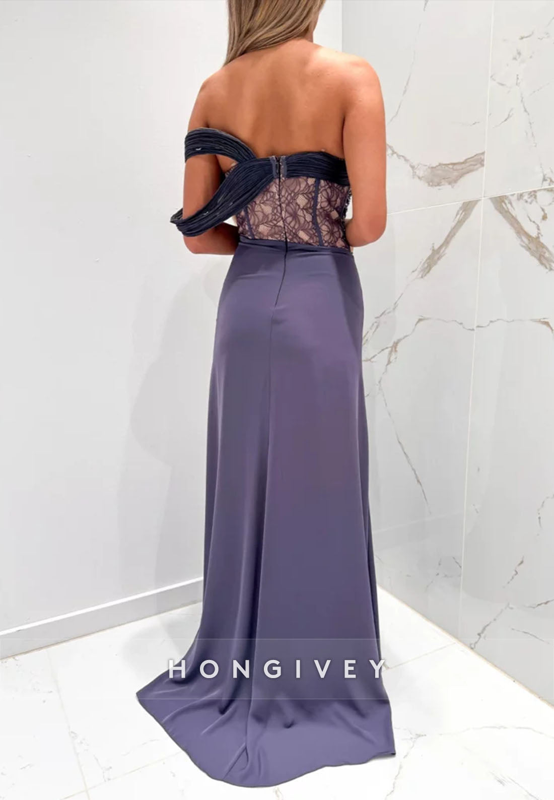 Off the Shoulder Navy Blue Floor-Length Side Draping Evening Gowns with Beading