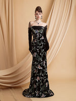 Tulle Black Off the Shoulder Mermaid Flowers Appliques Sequins Gloves Evening Dress