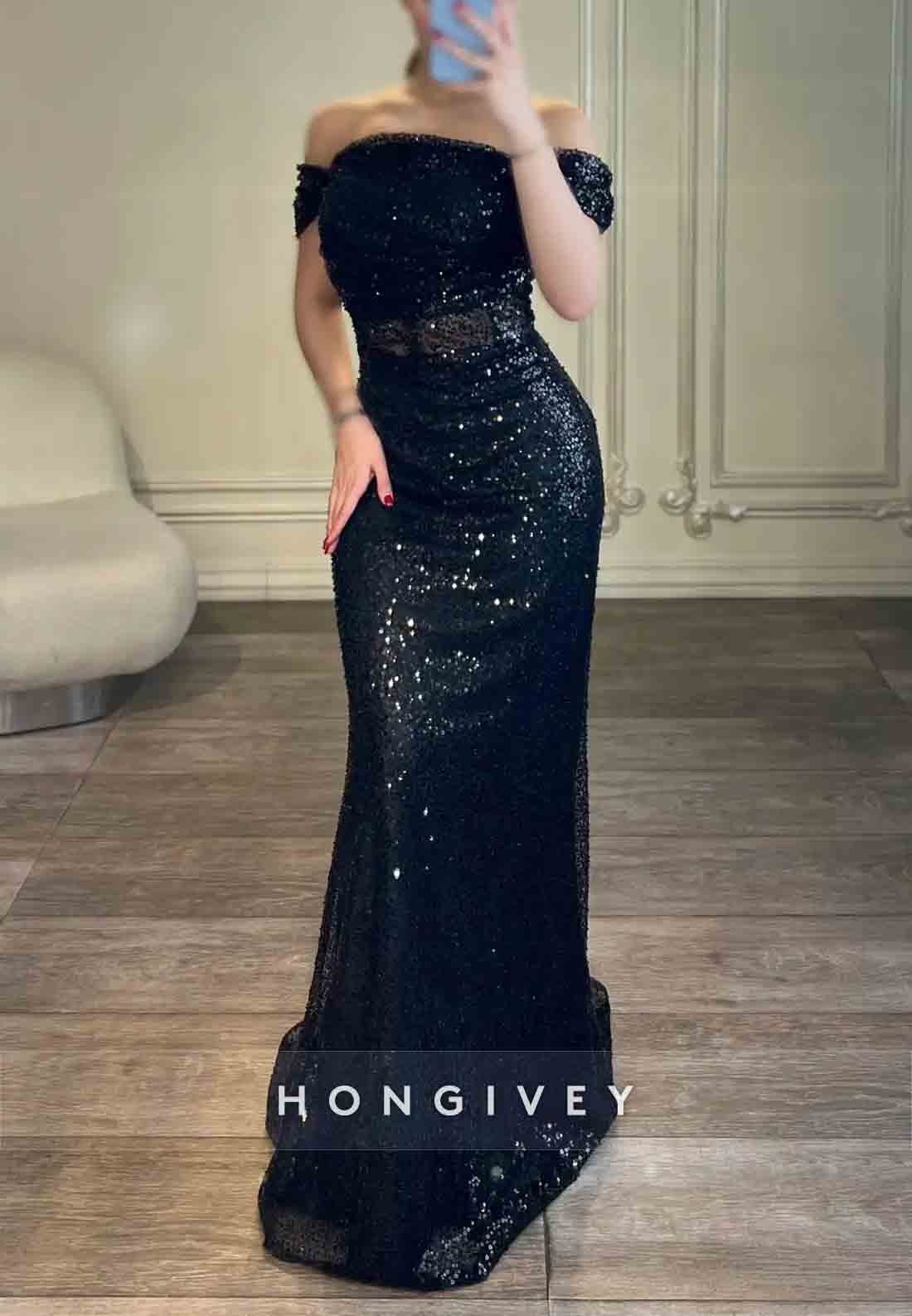 Off the Shoulder Glitter Formal Dresses Floor-Length Pleated Trumpet Evening Gown