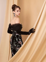 Tulle Black Off the Shoulder Mermaid Flowers Appliques Sequins Gloves Evening Dress