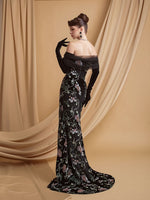 Tulle Black Off the Shoulder Mermaid Flowers Appliques Sequins Gloves Evening Dress