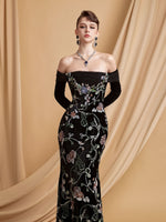 Tulle Black Off the Shoulder Mermaid Flowers Appliques Sequins Gloves Evening Dress