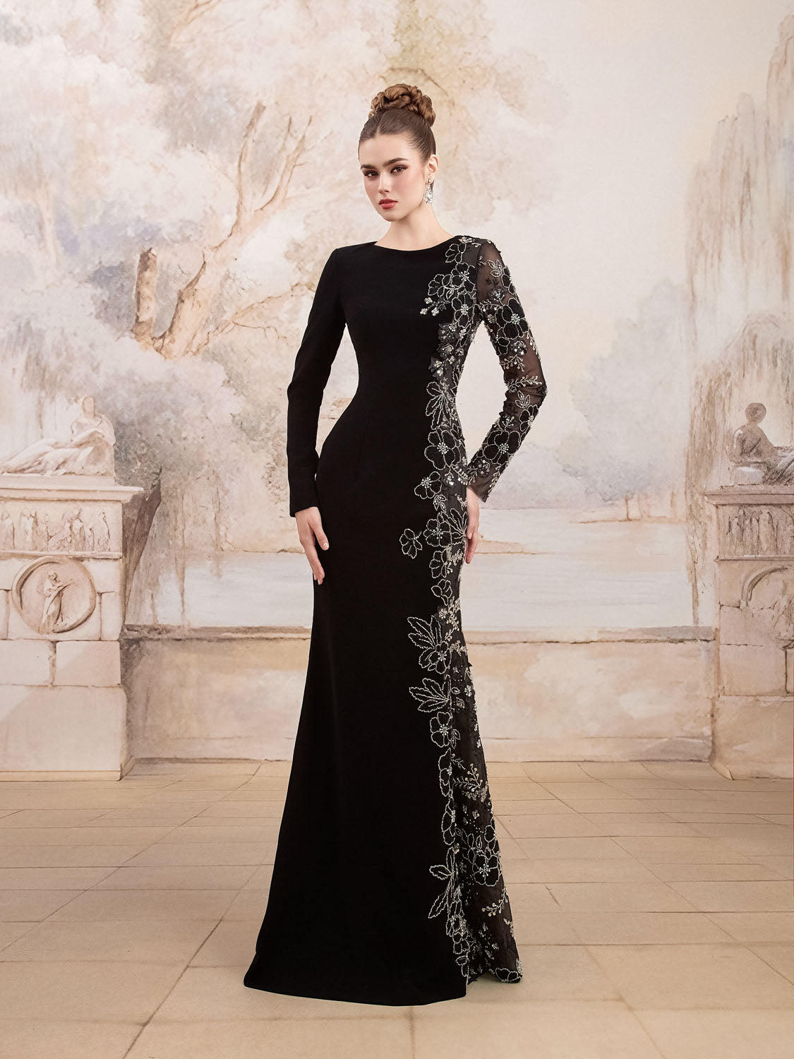 Elegant Black O-Neck Long Sleeve Mermaid Beaded Sequins Sheer Evening Dress
