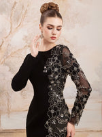 Elegant Black O-Neck Long Sleeve Mermaid Beaded Sequins Sheer Evening Dress