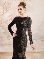 Elegant Black O-Neck Long Sleeve Mermaid Beaded Sequins Sheer Evening Dress