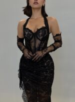 Sexy Black Halter Sleeveless Gloves Mermaid Prom Dress