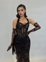 Sexy Black Halter Sleeveless Gloves Mermaid Prom Dress