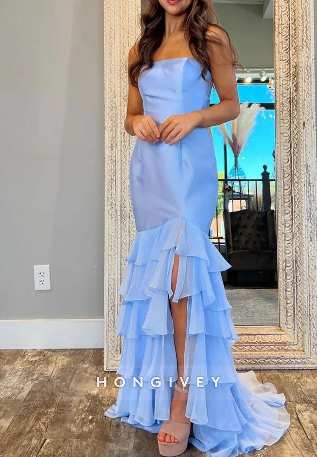 Tube Top  Slit Tiered Mermaid  Long Prom Dresses with Brush Train