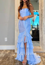 Tube Top  Slit Tiered Mermaid  Long Prom Dresses with Brush Train