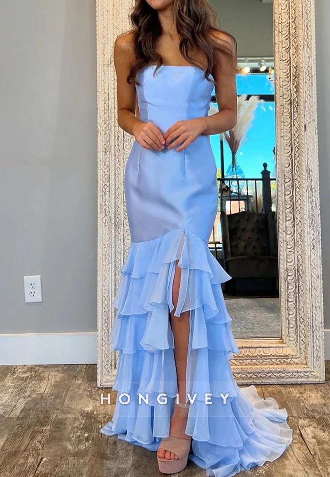 Tube Top  Slit Tiered Mermaid  Long Prom Dresses with Brush Train