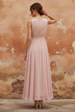 Pink 3D Floral Pleated Chiffon V Neck Sleeveless A-Line Evening Dress