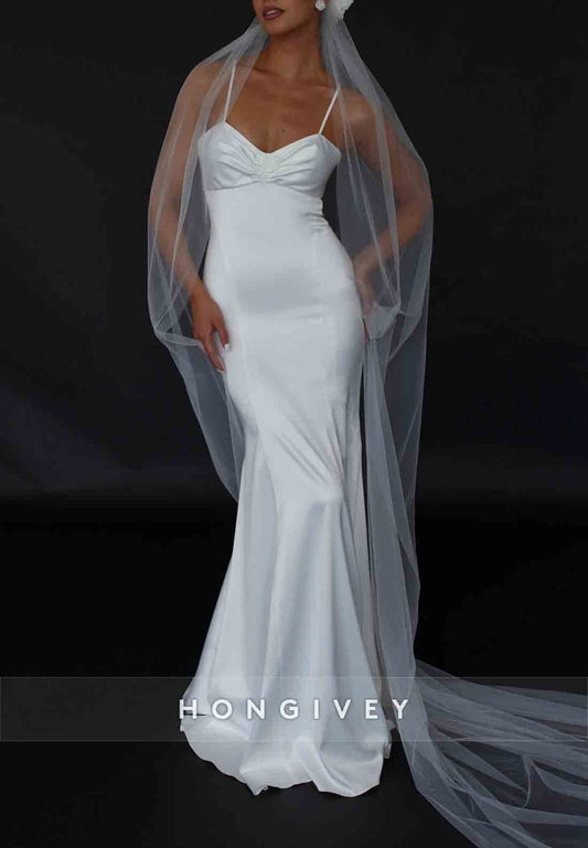 Tie Back Pleated Trumpet Spaghetti Straps Floor-Length Wedding Dresses