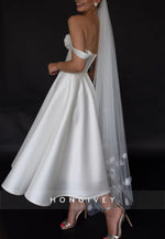 Sweetheart A-Line Sweetheart Tea-Length Off the Shoulder Satin Wedding Dresses