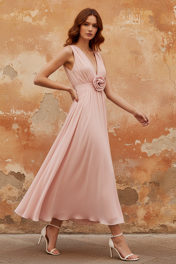 Pink 3D Floral Pleated Chiffon V Neck Sleeveless A-Line Evening Dress