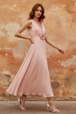 Pink 3D Floral Pleated Chiffon V Neck Sleeveless A-Line Evening Dress