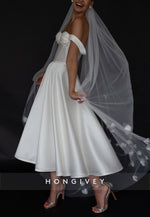 Sweetheart A-Line Sweetheart Tea-Length Off the Shoulder Satin Wedding Dresses
