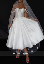 Sweetheart A-Line Sweetheart Tea-Length Off the Shoulder Satin Wedding Dresses