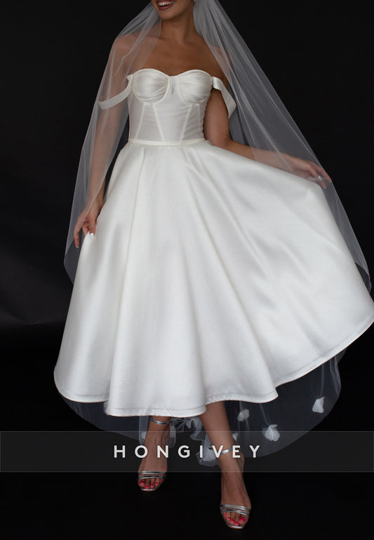 Sweetheart A-Line Sweetheart Tea-Length Off the Shoulder Satin Wedding Dresses