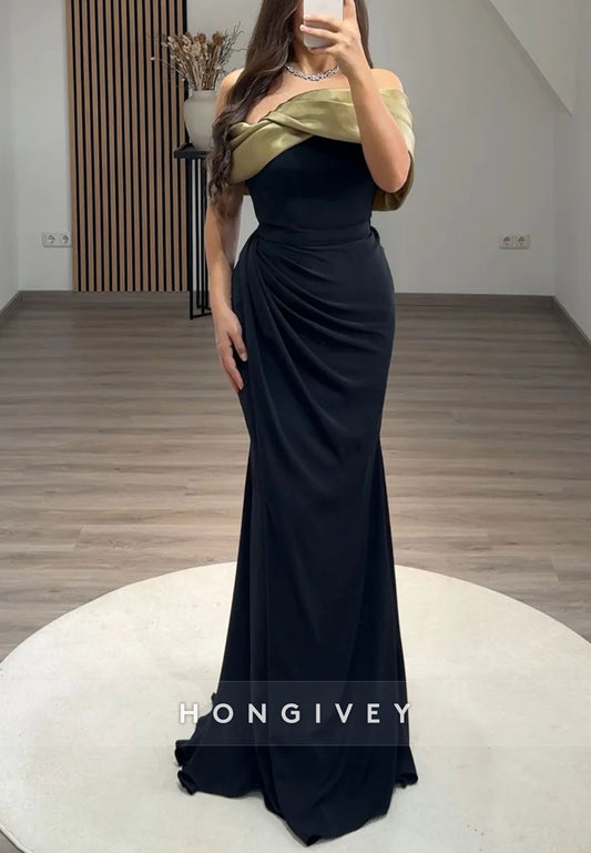 Simple Off the Shoulder Pleated Floor-Length Mermaid Evening Gowns