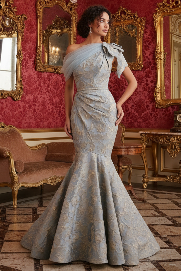 Bow Sleeveless One Shoulder Mermaid Evening Dress