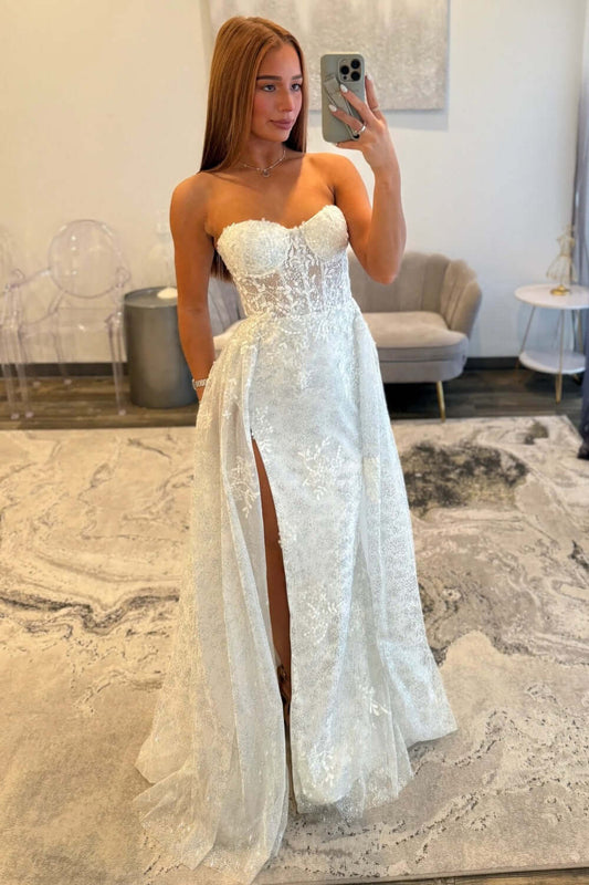 Ivory Sequined Lace Wedding Dress Sweetheart Long Formal Dress With Detachable Train