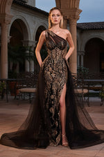 Glitter-Print One-Shoulder Long Prom Dress