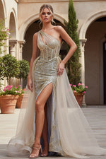 Glitter-Print One-Shoulder Long Prom Dress