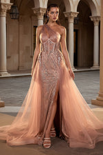 Glitter-Print One-Shoulder Long Prom Dress