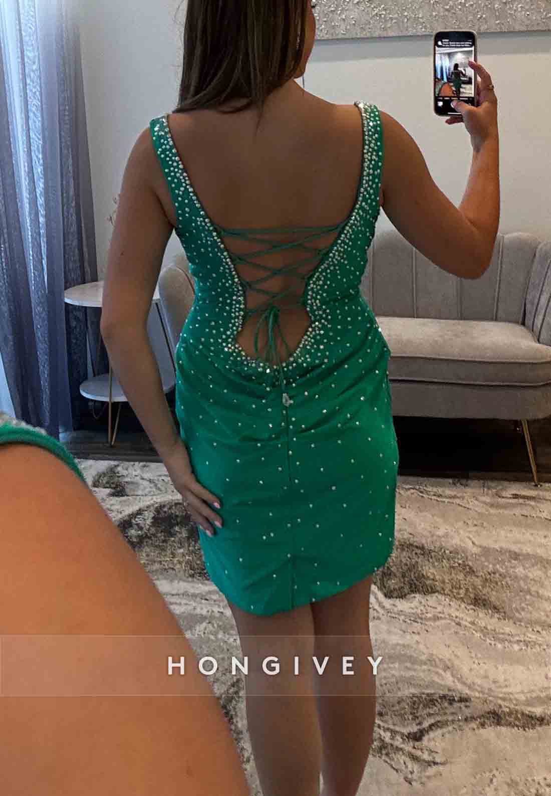 Regular Straps Tie Back V-Neck Sheath Mini Homecoming Dresses with Beading