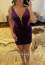 Sparkly Low V-Neck Velvet Sheath Low Back Mini Homecoming Dress with Beading