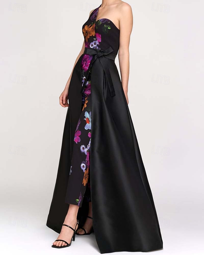 One Shoulder Flowers Sleeveless Jumpsuit Court Train Evening Dress