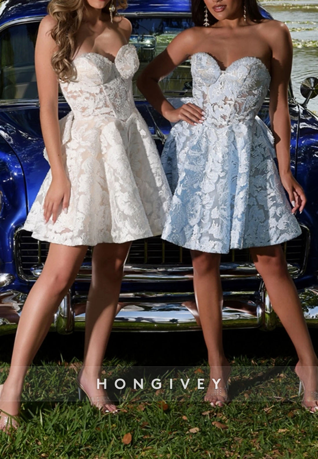 Sweetheart A-Line Lace Strapless Pleated Short Homecoming Dress