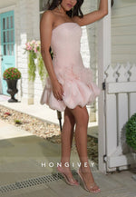 Blush A-Line Strapless Ruched Short Homecoming Dress with Flowers