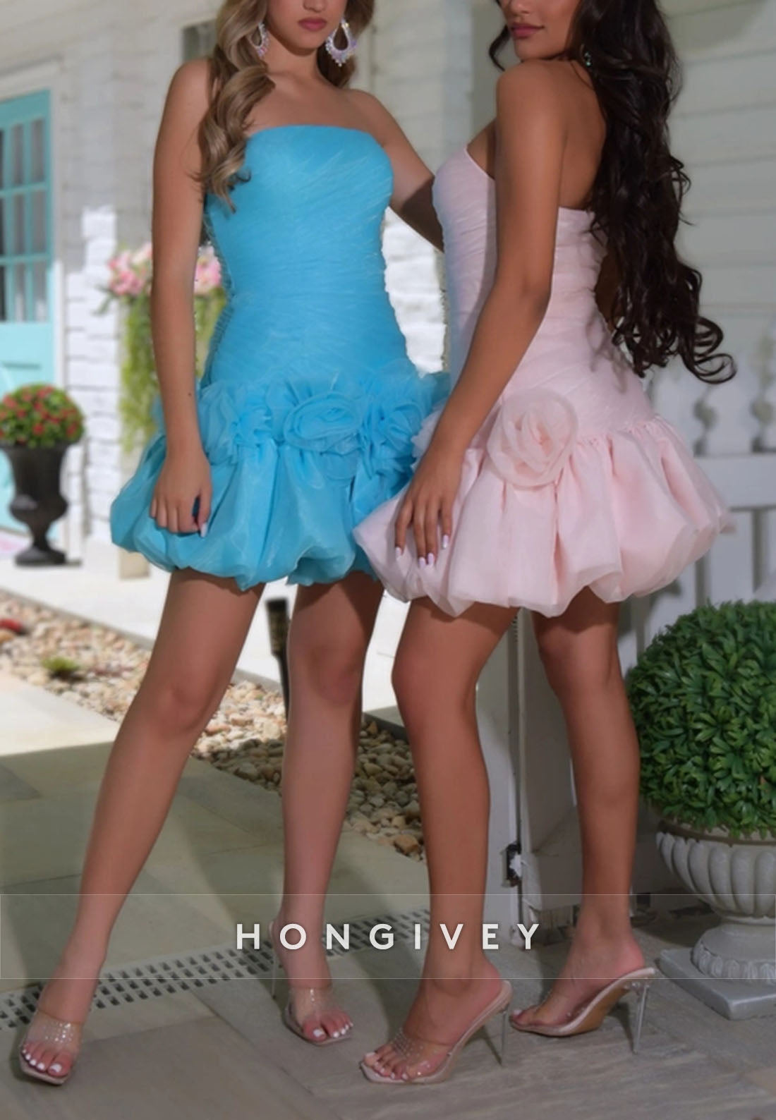 Blush A-Line Strapless Ruched Short Homecoming Dress with Flowers