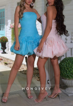 Blush A-Line Strapless Ruched Short Homecoming Dress with Flowers