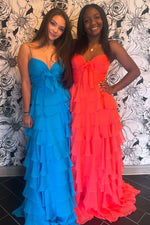 A Line Spaghetti Straps Yellow Long Prom Dress with Ruffles