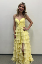 A Line Spaghetti Straps Yellow Long Prom Dress with Ruffles