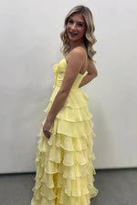 A Line Spaghetti Straps Yellow Long Prom Dress with Ruffles