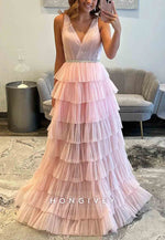 Blush V-Neck Regular Straps A-Line V Back Prom Dresses with Ruffles