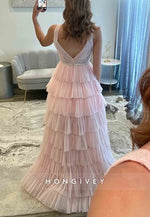 Blush V-Neck Regular Straps A-Line V Back Prom Dresses with Ruffles
