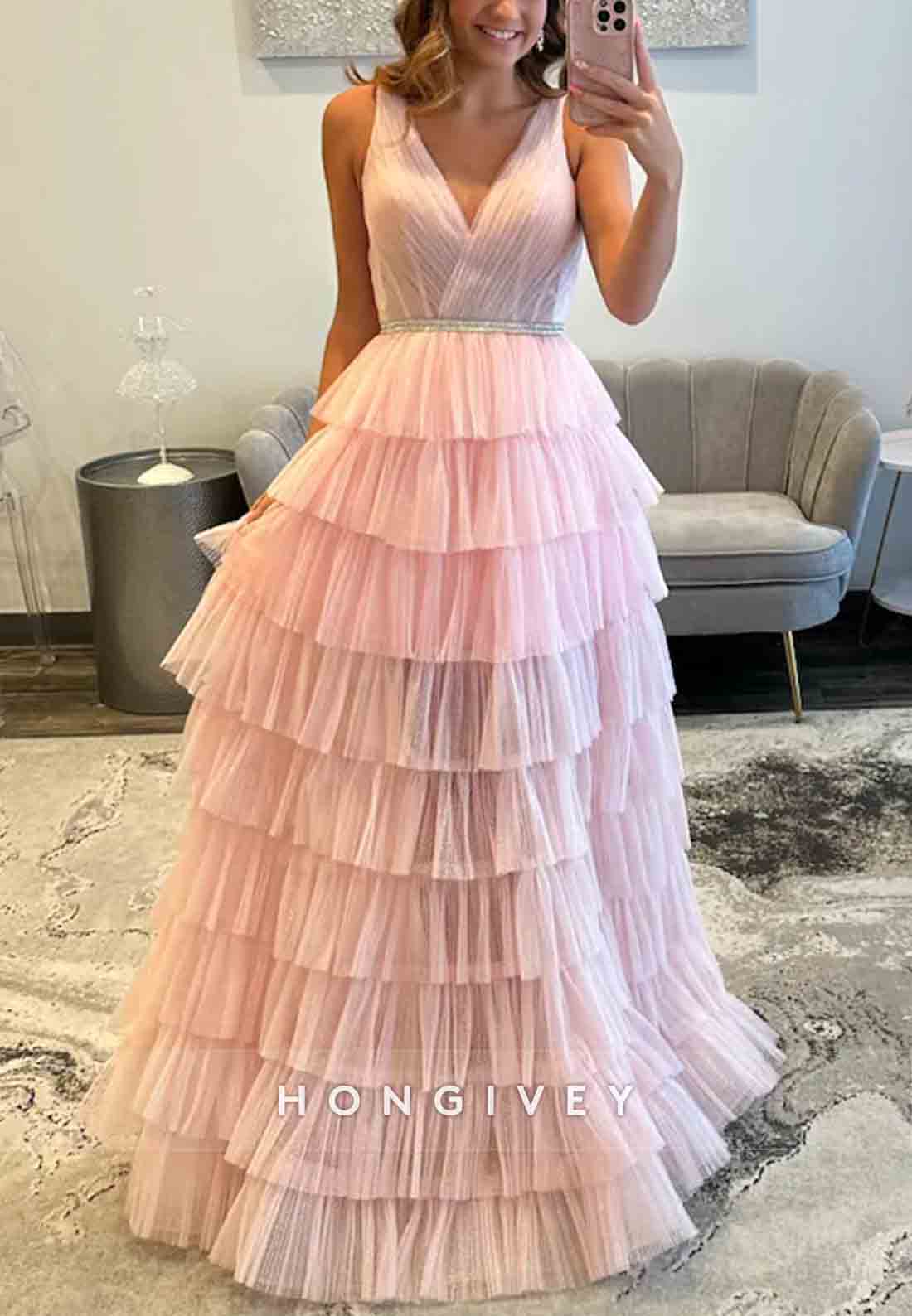 Blush V-Neck Regular Straps A-Line V Back Prom Dresses with Ruffles