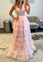 Blush V-Neck Regular Straps A-Line V Back Prom Dresses with Ruffles