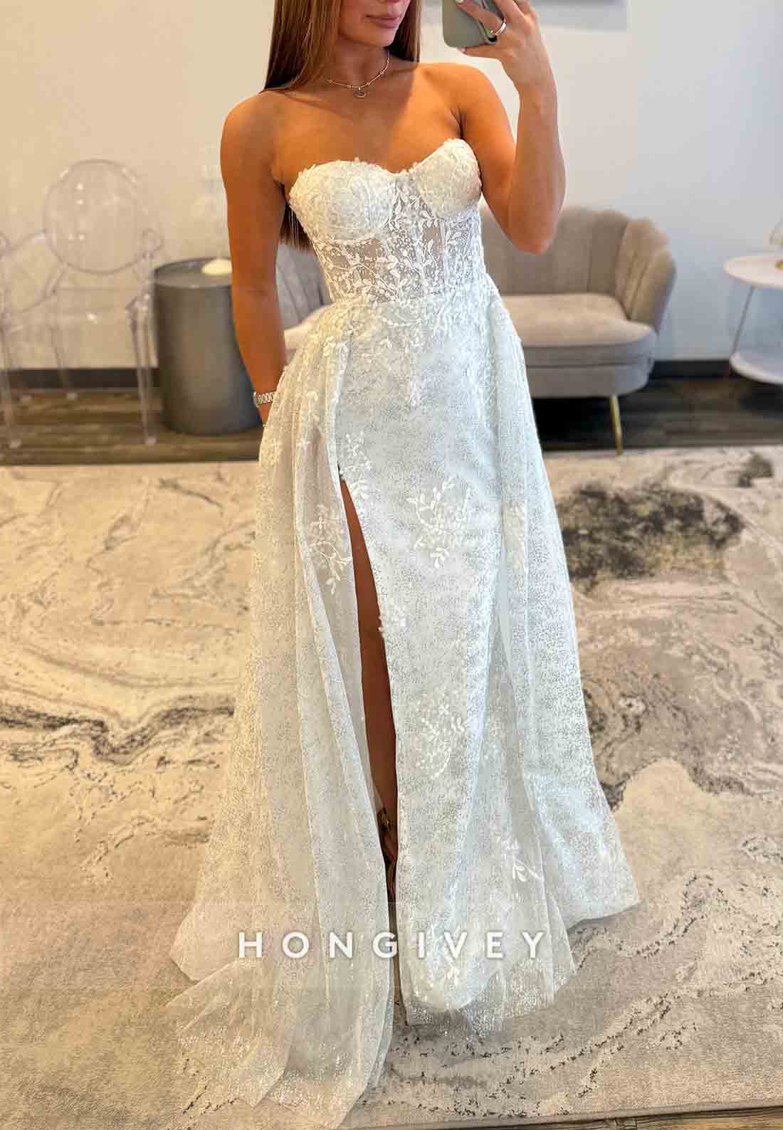 Sweetheart Appliqued Strapless A-Line High Slit Floor-Length Pleated Prom Dresses