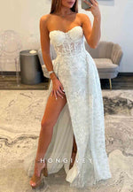 Sweetheart Appliqued Strapless A-Line High Slit Floor-Length Pleated Prom Dresses