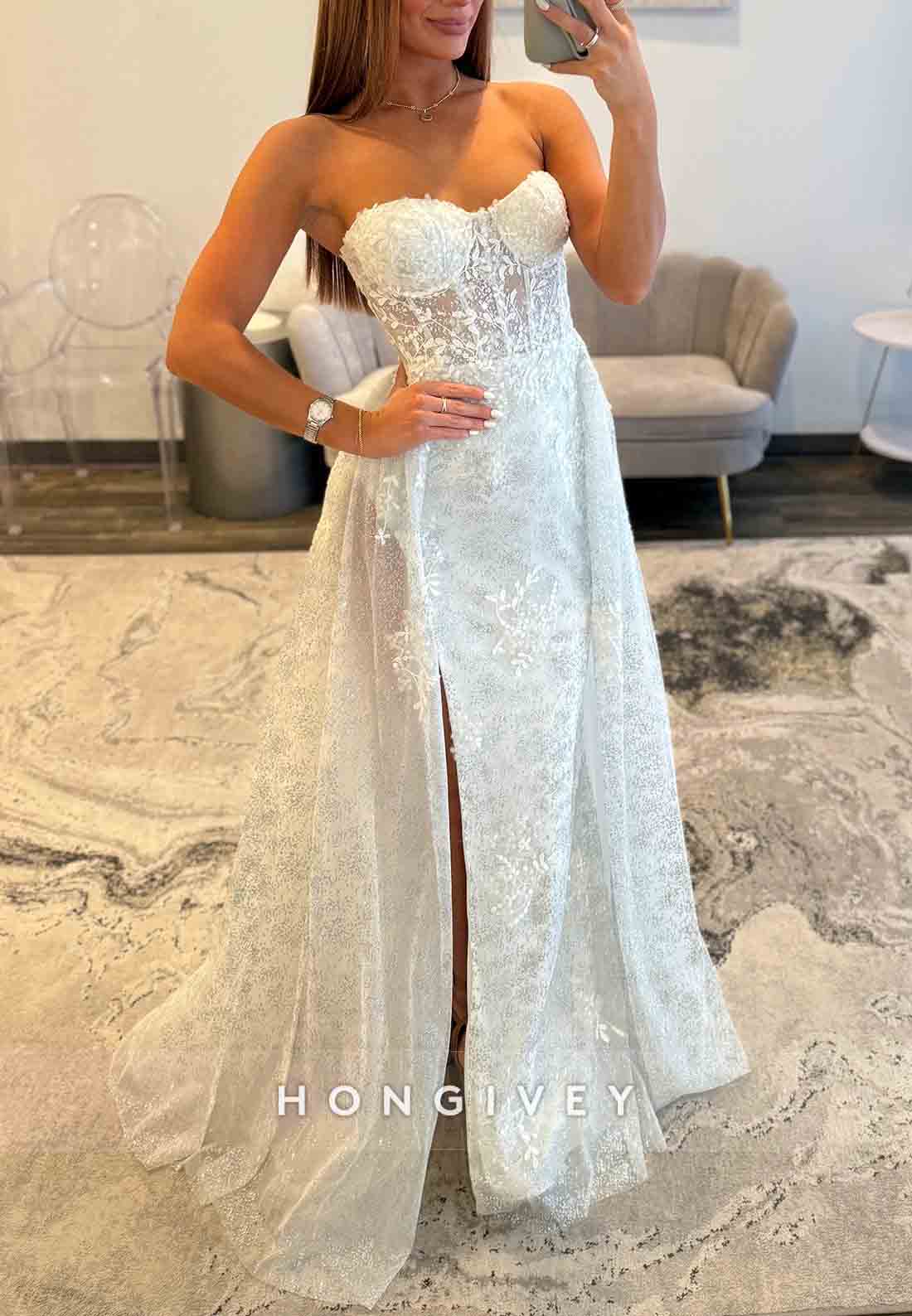 Sweetheart Appliqued Strapless A-Line High Slit Floor-Length Pleated Prom Dresses